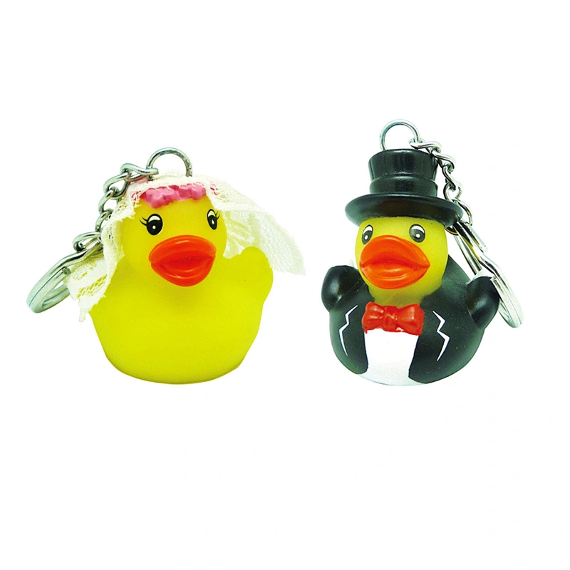 Custom 3D soft PVC rubber duck keychain for couples and wedding favors, cute and durable gift accessory.